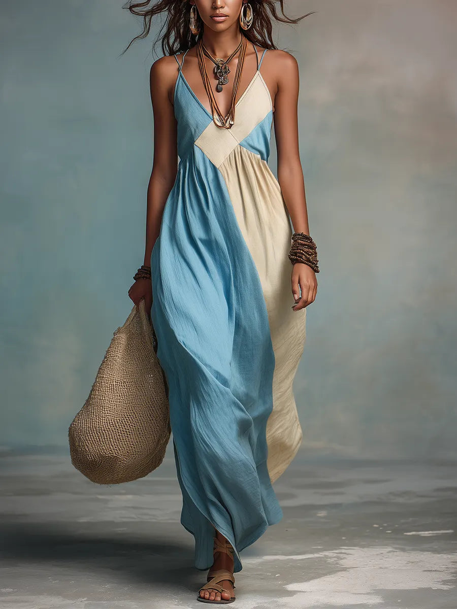 Artistic Blue Beige Colorblock Spaghetti Strap Maxi Dress