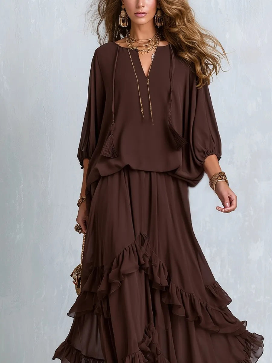 Bohemian Style Brown Layered Ruffle Skirt Suit