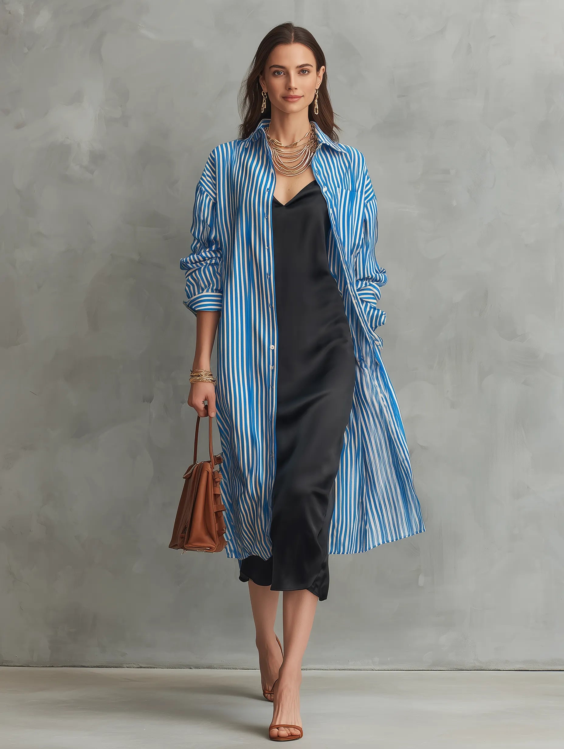 Quiet Luxury Silky Stripe-Shirt & Bias Slip Blue & Black Layered Set