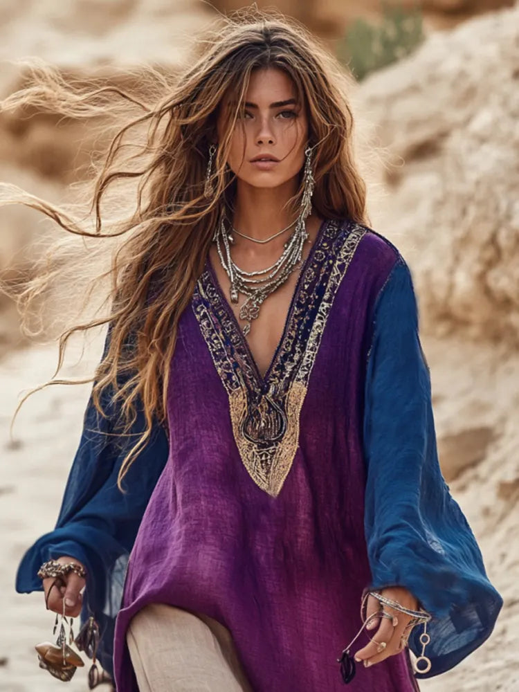 Boho Floral Embroidery Print Cotton And Linen Blend Loose Blouse