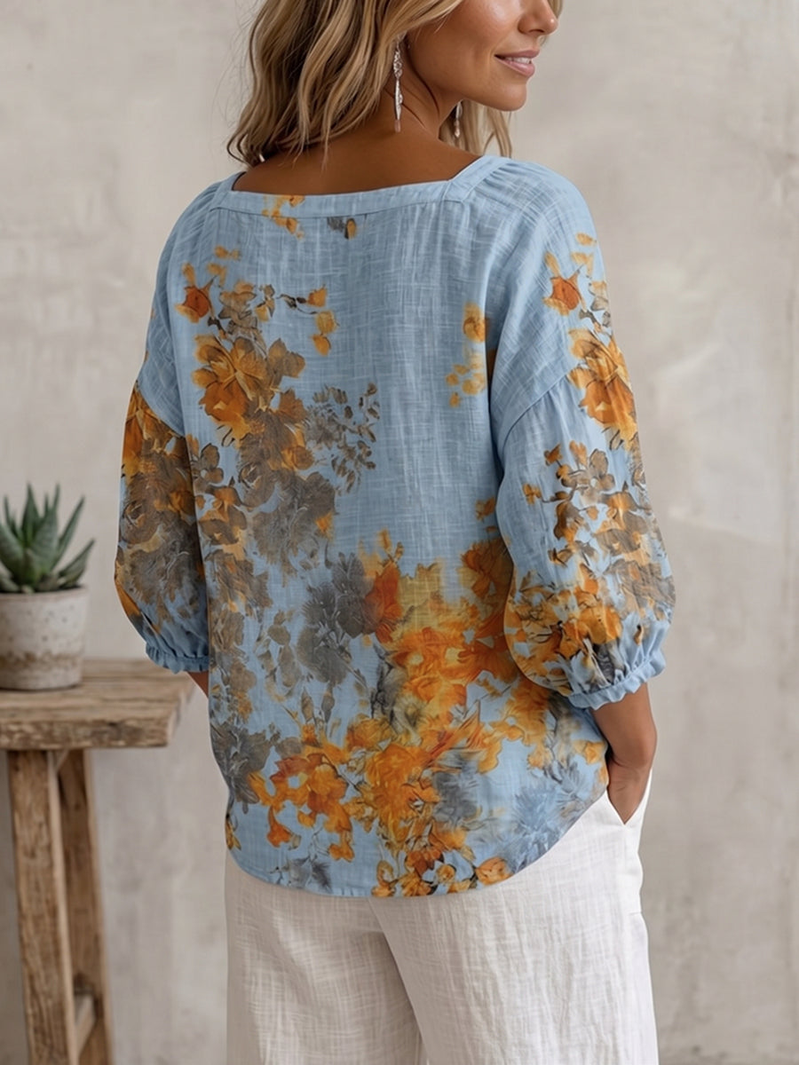 Retro Floral Print Square-neck Cotton-linen Blouse