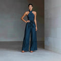 Women's Elegant Cross Halter Jumpsuit - Wide-Leg Backless Tie-Waist Romper for Summer & Vacation