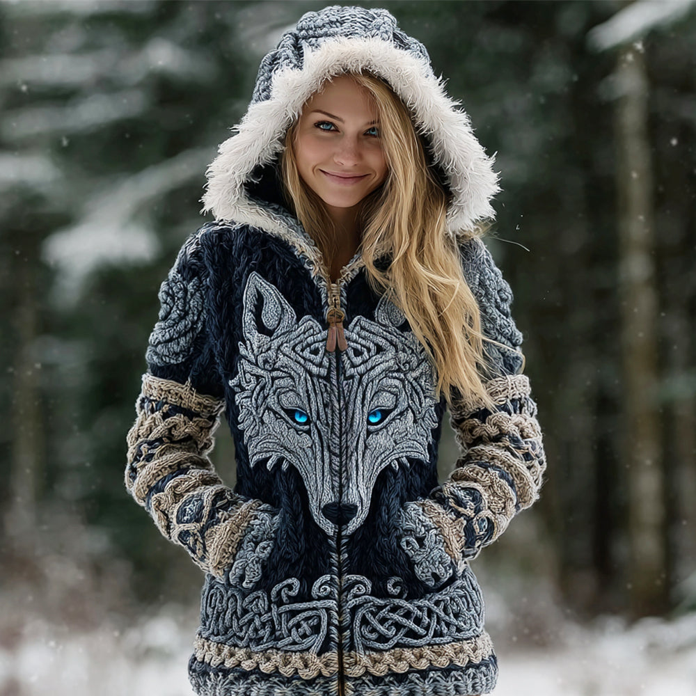 Viking Wolf Totem Women's Full-zip Fur-trimmed Hooded Sweater