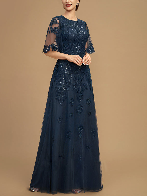 Round Neck Lace Sequins Solid Mesh Gown Maxi Dress