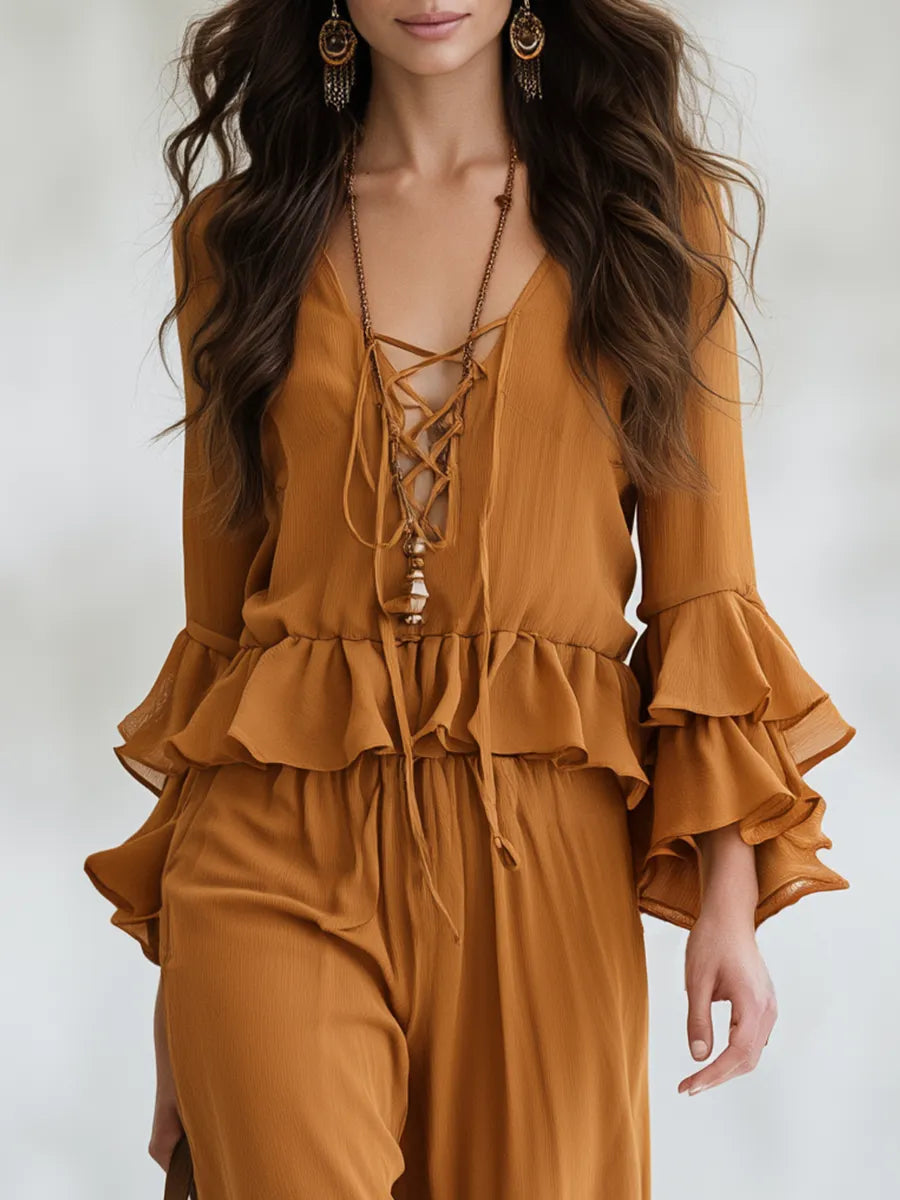 Elegant Orange Lace-Up Ruffle Blouse & Pants Set