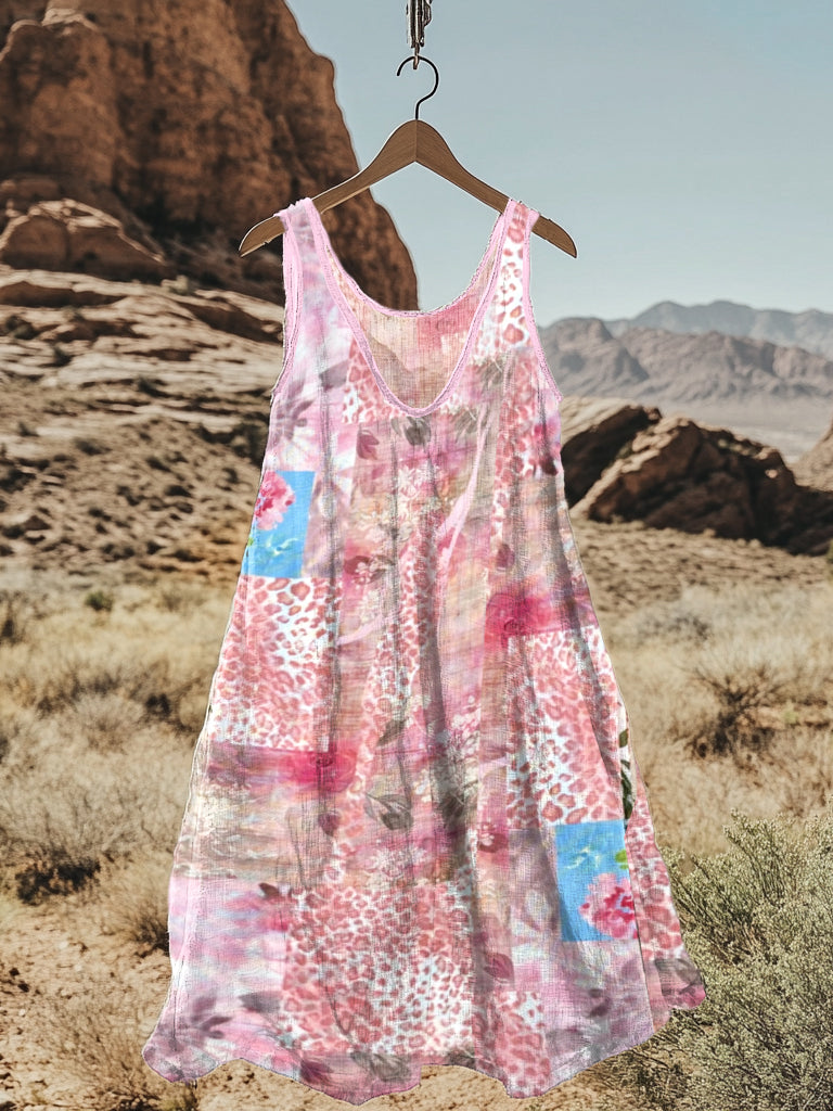 Vintage Floral Leopard Patchwork Art Linen Blend Tank Dress 5af7