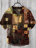 Vintage Patchwork Fabric Embroidered Art Men's Linen V-neck Shirt