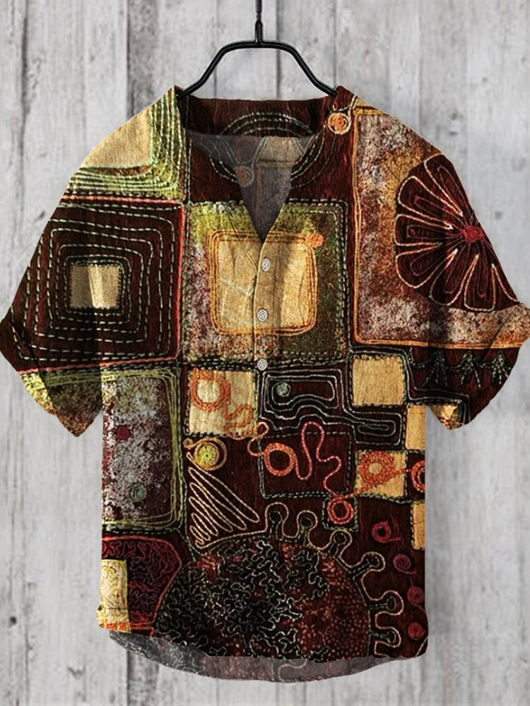 Vintage Patchwork Fabric Embroidered Art Men's Linen V-neck Shirt