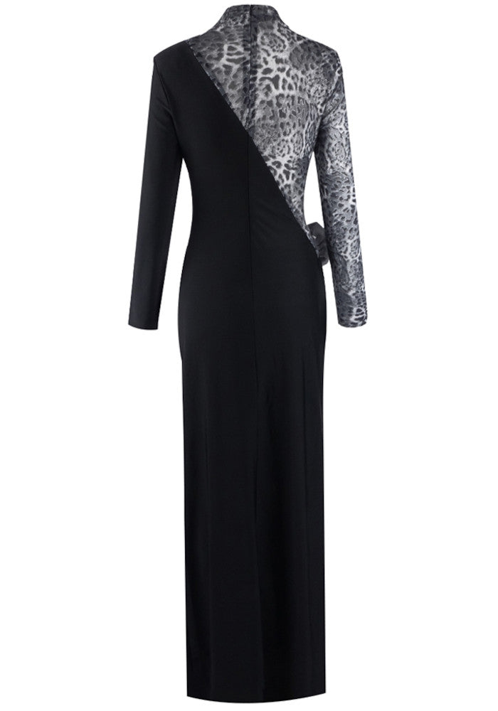 Long Sleeve Animal Print Floral Maxi Dress Black