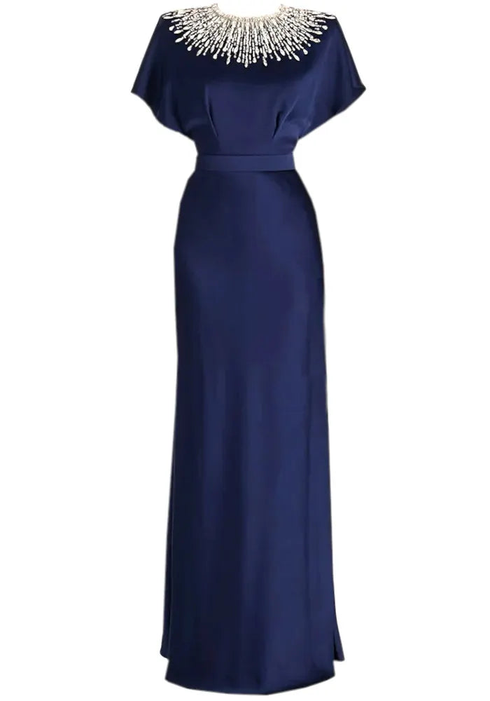 Embellished Cape Detail Maxi Dress Navy Blue