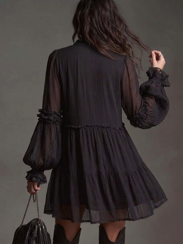 Bohemian-style Chiffon Dress With Lace Splicing