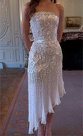 White Strapless Midi Dress with Pearl & Sequin Fan Embroidery