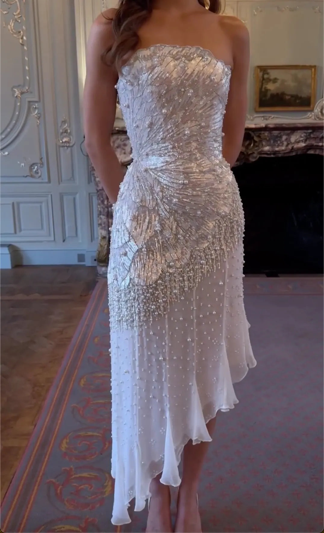 White Strapless Midi Dress with Pearl & Sequin Fan Embroidery