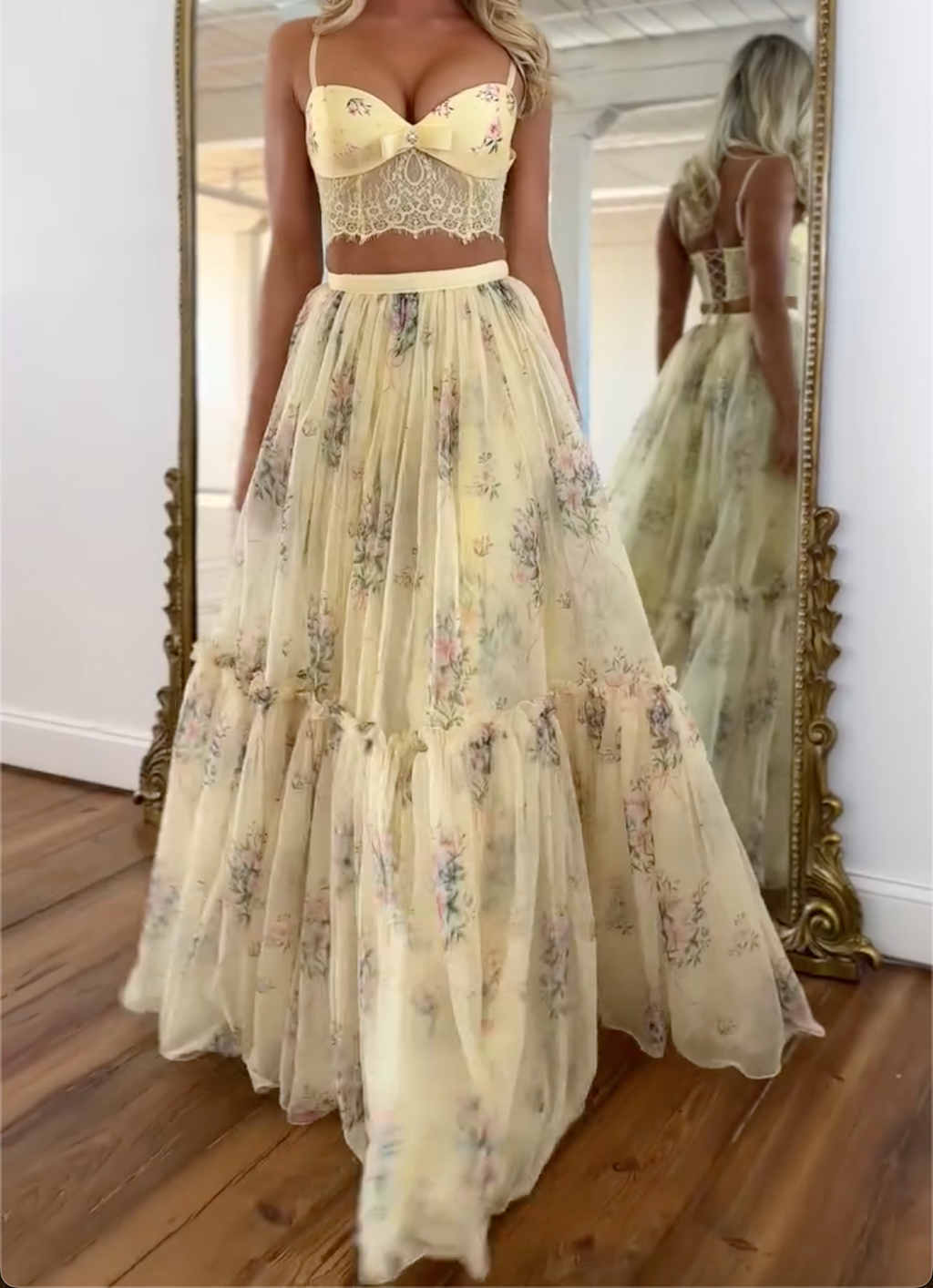 Yellow Floral Two Piece Maxi Dress, Spaghetti Strap Tiered Tulle Formal Dress