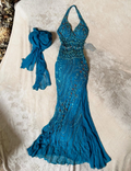 Blue delicate beaded chiffon long dress