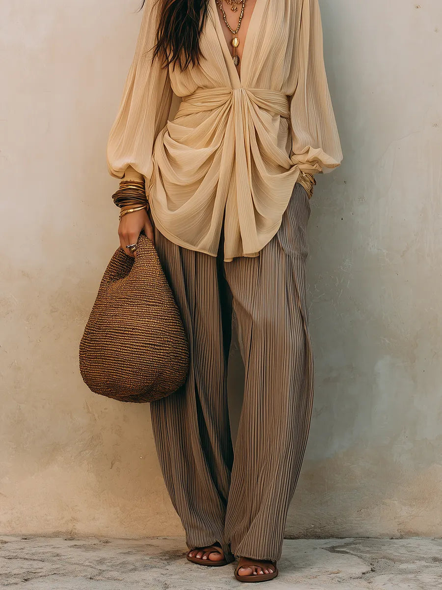 Beige Draped Blouse & Pleated  – Effortless Boho Luxe Wide-Leg Pants