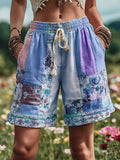 Women's Patchwork Floral Contrast Waist Drawstring Pocket Shorts