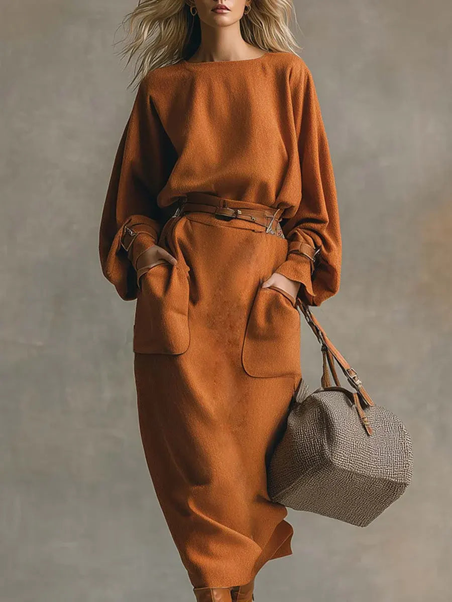 Women's Solid Color Round Neck Long Sleeve Casual Loose Dress