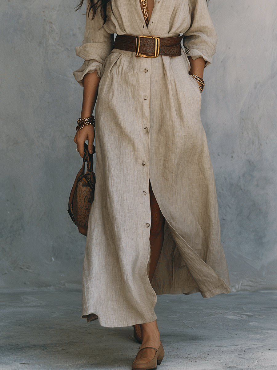 Effortless Coastal Elegance Button-Front Linen Waist Belt Shirt Maxi Dress