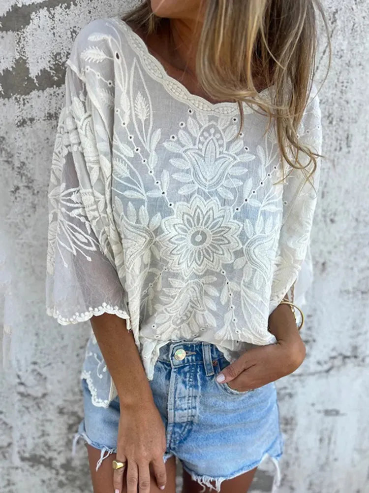 Vintage Floral Lace Embroidery Art Linen Blend Tunic