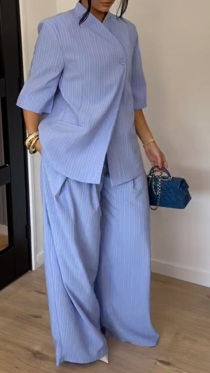Pinstripe Stand Collar Blazer & Wide Leg Pants Co‑Ord Set