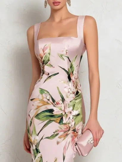 Pink Floral Satin Square Neck Sleeveless Midi Dress