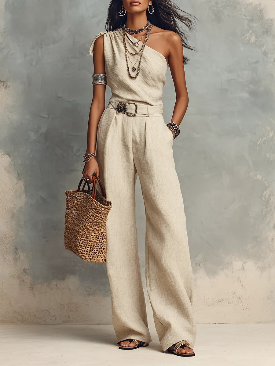 Ivory Linen One-Shoulder Top And Wide-Leg Trousers Set