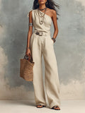 Ivory Linen One-Shoulder Top And Wide-Leg Trousers Set