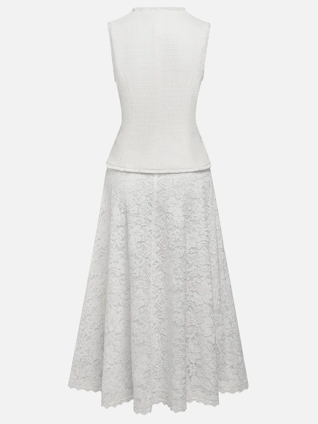 Women Tweed White Buckle Pocket Stitching Crew Neck Sleeveless Dressy Coat With Skirt Two-Piece Set
