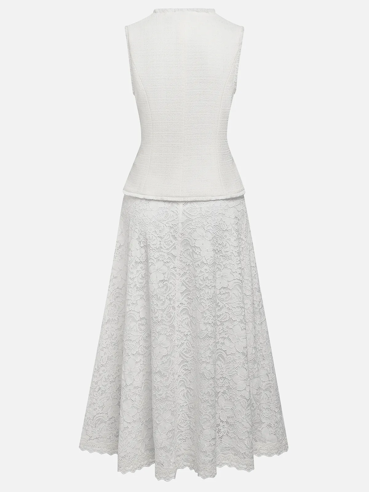 Women Tweed White Buckle Pocket Stitching Crew Neck Sleeveless Dressy Coat With Skirt Two-Piece Set