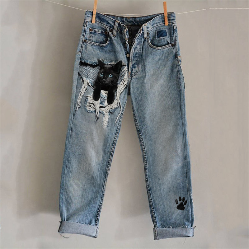 Black Cat Frayed Crack Paw Print Embroidered Washed Jeans