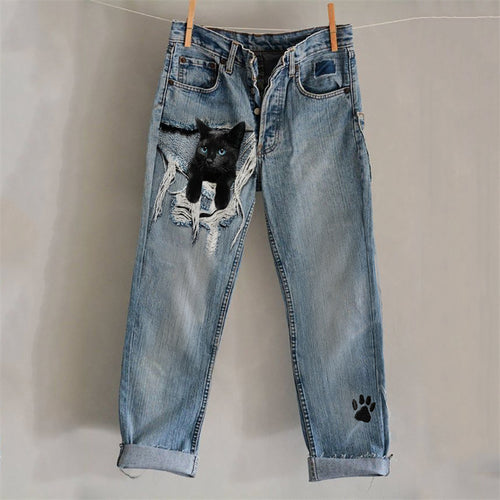 Black Cat Frayed Crack Paw Print Embroidered Washed Jeans