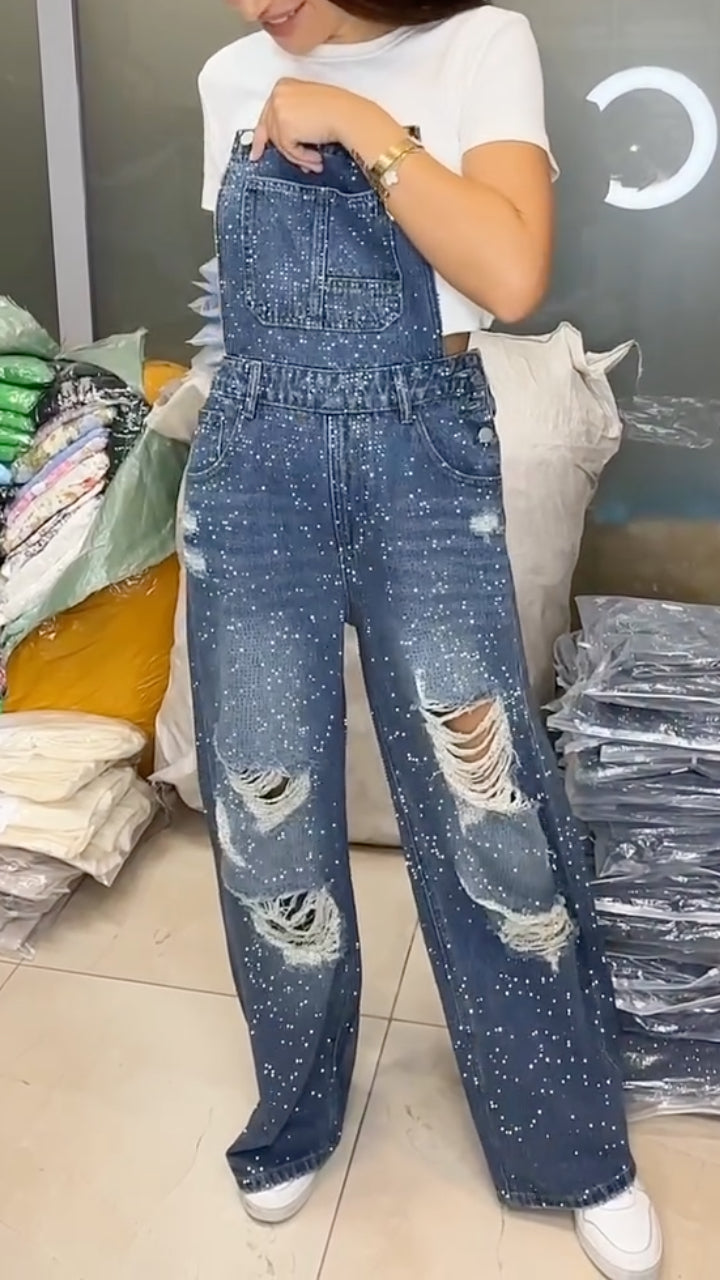 Women's Casual Denim Overalls with Rhinestone Accents and Distressing