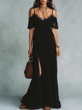 Elegant Vacation Noir Lace Trim Off-Shoulder Boho Maxi Dress