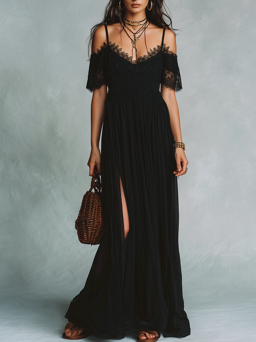 Elegant Vacation Noir Lace Trim Off-Shoulder Boho Maxi Dress