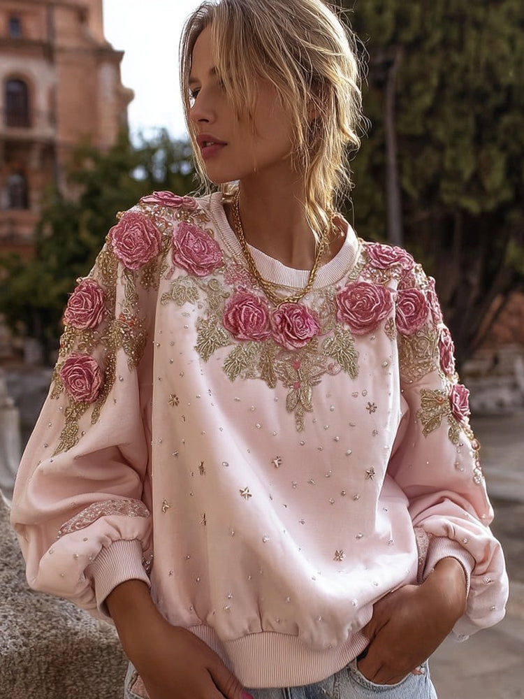 Women's Pink Rose Embroidery Art Round Neck Casual Sweatshirt