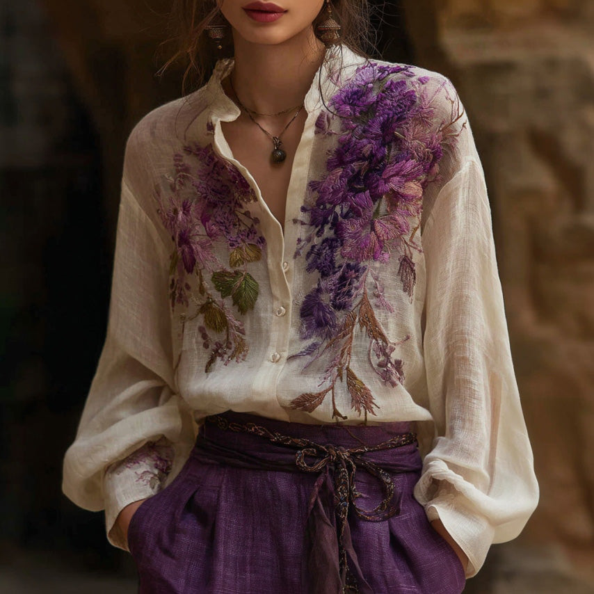 Women's Bohemian Floral Embroidered Linen Shirt