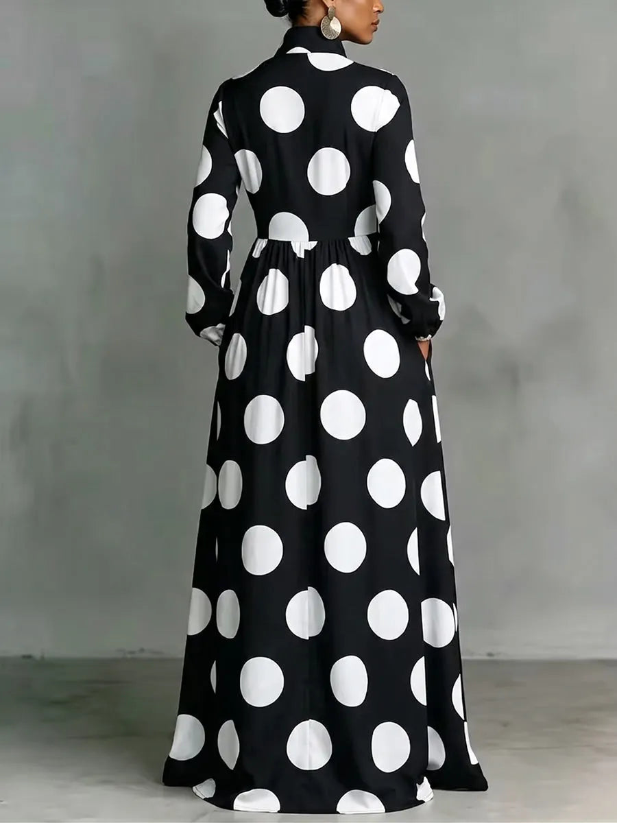 Women's Polka Dot Print Shirt-collar Long-sleeve Casual Loose A-line Dress