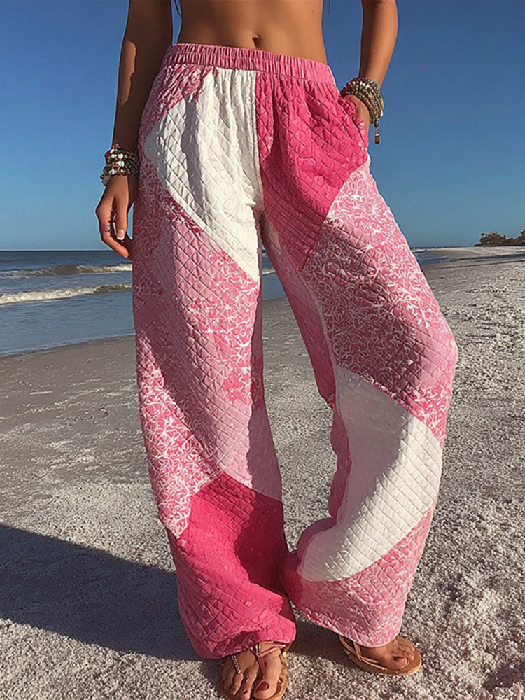 Women's Pink Geometric Patchwork Casual Pants