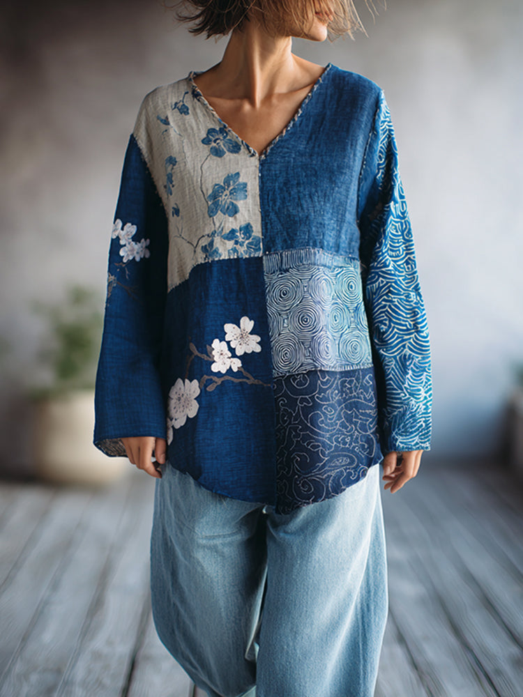 Vintage Japanese Sashiko Floral Patchwork Art Print Linen Tops