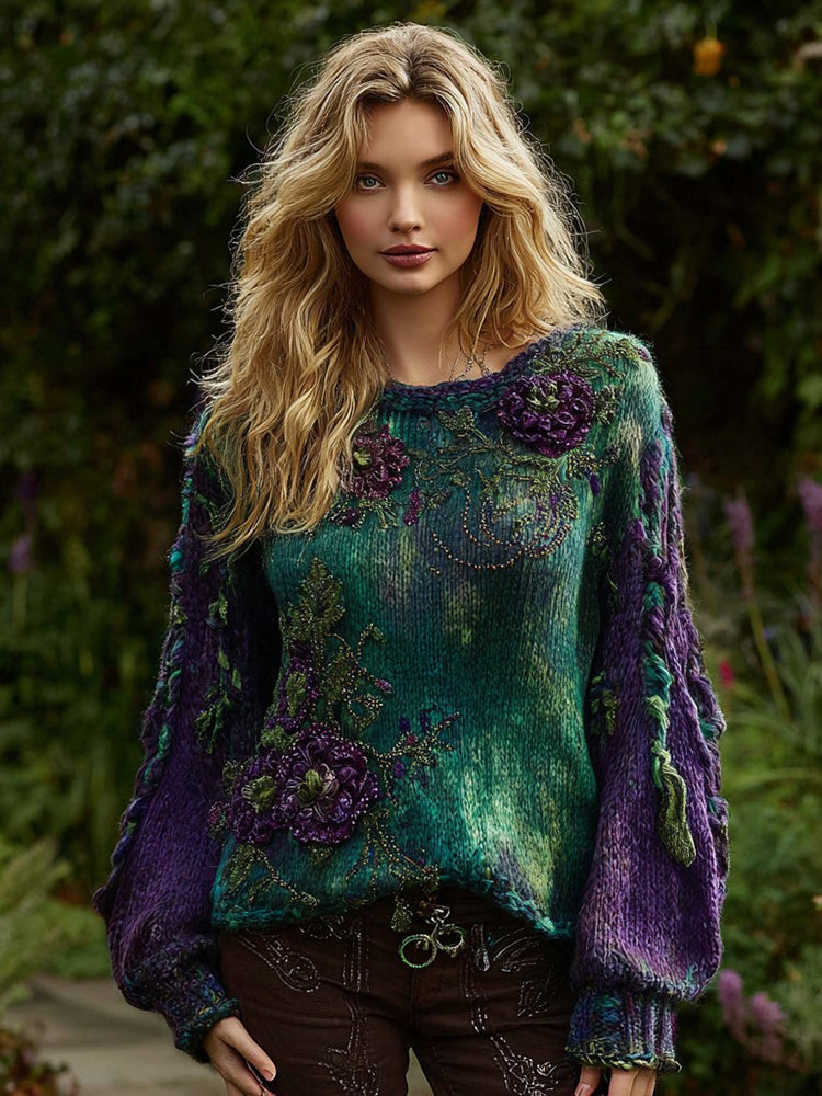 Women's Vintage Purple Floral Chunky Knit Crew Neck Sweater