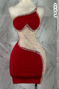 H5269 - One Shoulder Beaded Sheer Tulle Satin Sheath Mini Homecoming Dress