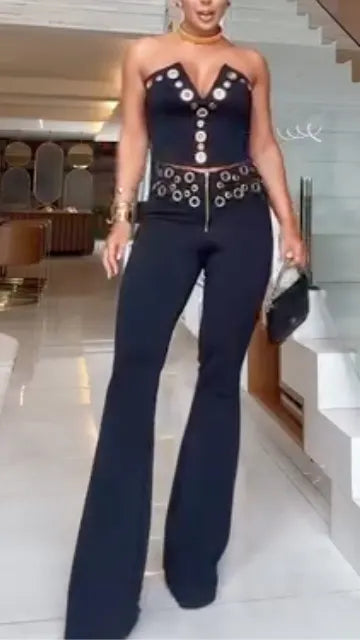 Black Eyelet Corset Top Flare Pants Set