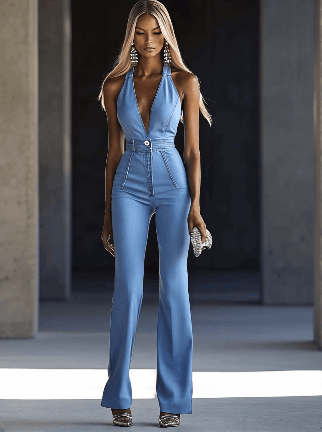 [24-hour shipping out]Simple and Fashionable V-neck Sleeveless Tight Light Blue Denim Jumpsuit