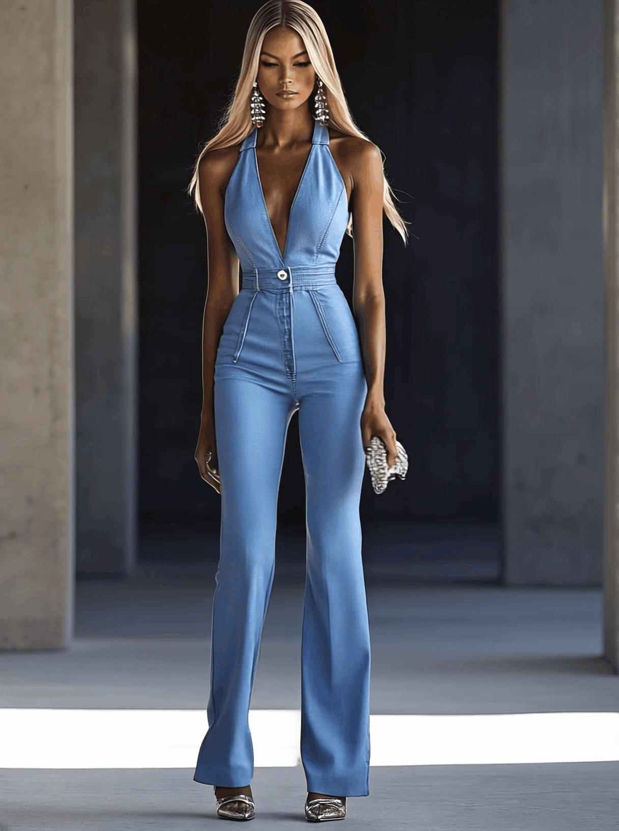 [24-hour shipping out]Simple and Fashionable V-neck Sleeveless Tight Light Blue Denim Jumpsuit