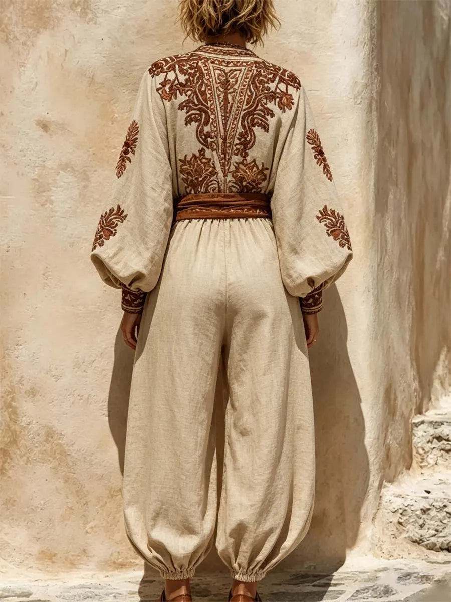 Women's Vintage Art Print V-neck Long Sleeve Cotton Linen Jumpsuit