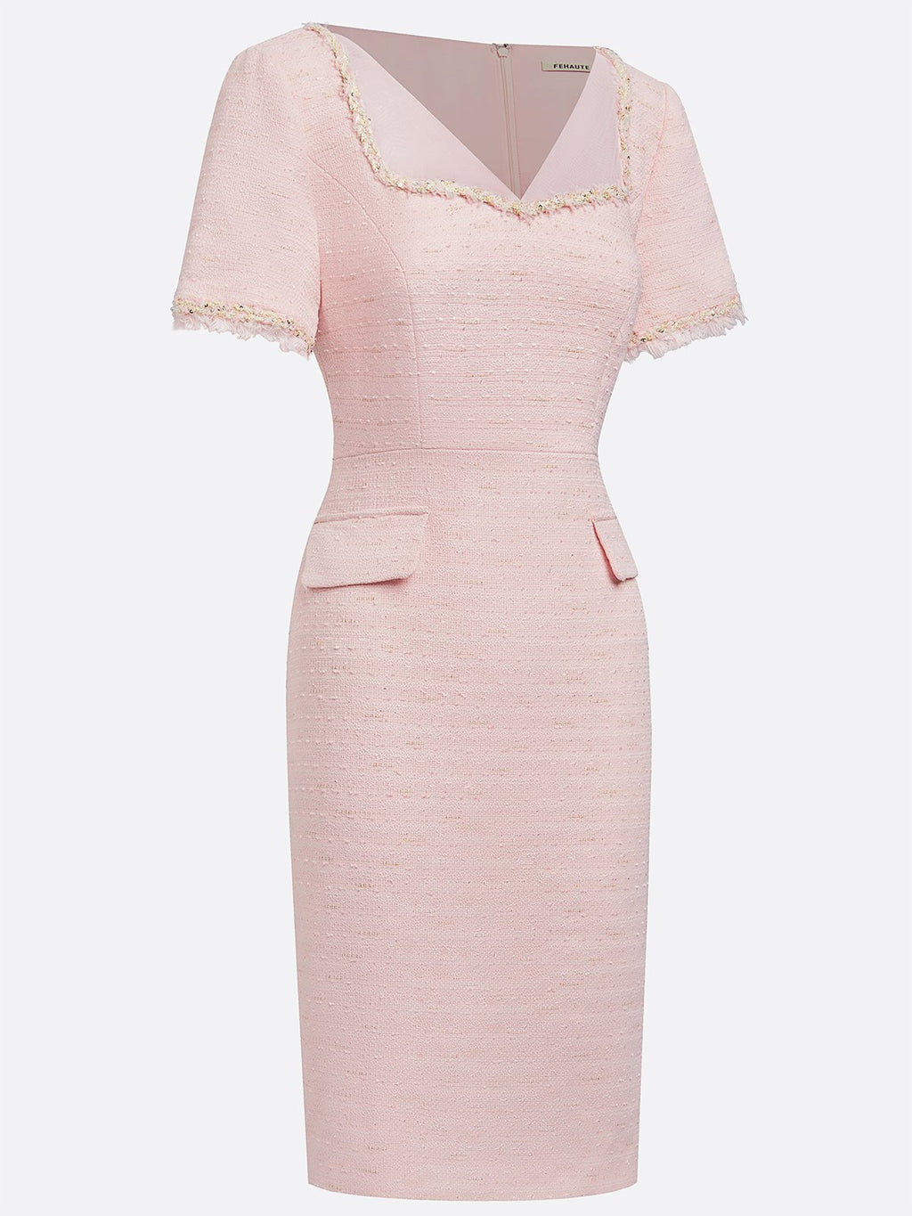 Pink Tweed Sweetheart Neckline Short Sleeve Sheath Midi Dress
