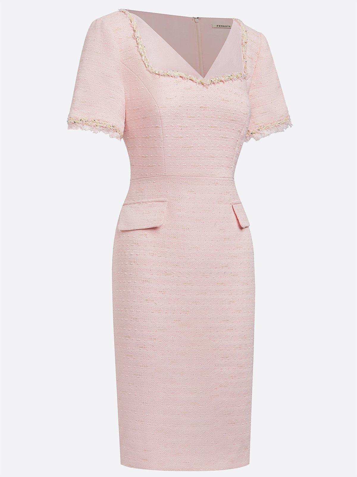 Pink Tweed Sweetheart Neckline Short Sleeve Sheath Midi Dress