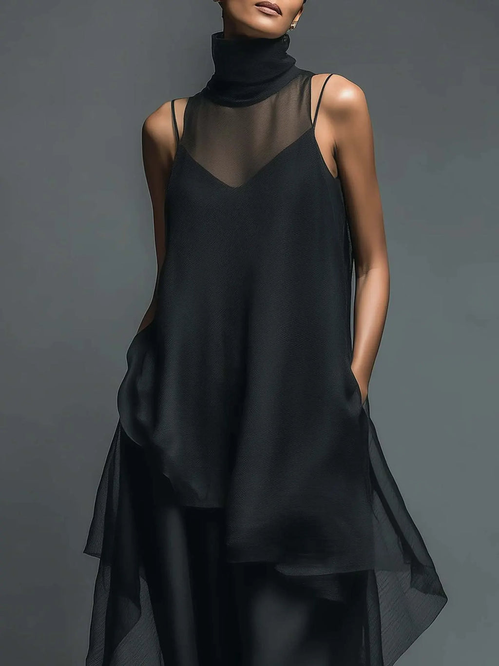 Gurtons Avant-Garde 2-Piece Set - Sheer Mesh Layered Chiffon Maxi Dress in Midnight Black