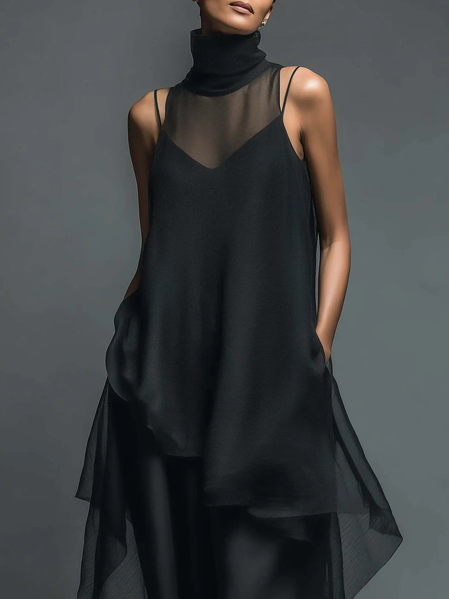 Gurtons Avant-Garde 2-Piece Set - Sheer Mesh Layered Chiffon Maxi Dress in Midnight Black